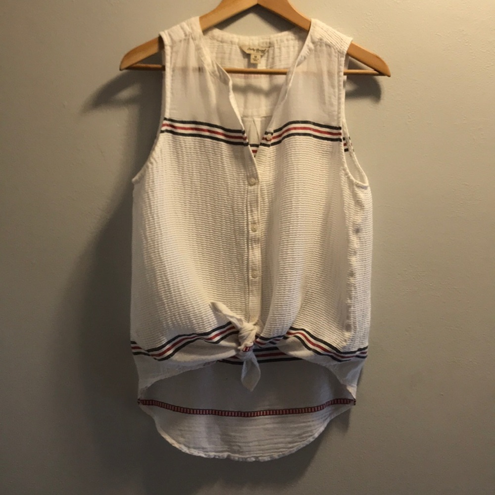 Red white blue striped button down sleeveless top